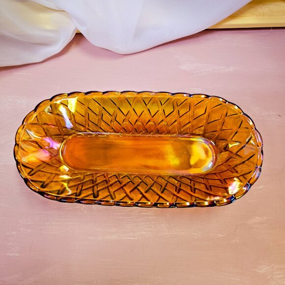 Indiana Glass Iridescent Amber Pretzel, Celery, Bread, Serving Dish, Carnival - Picture 5 of 8